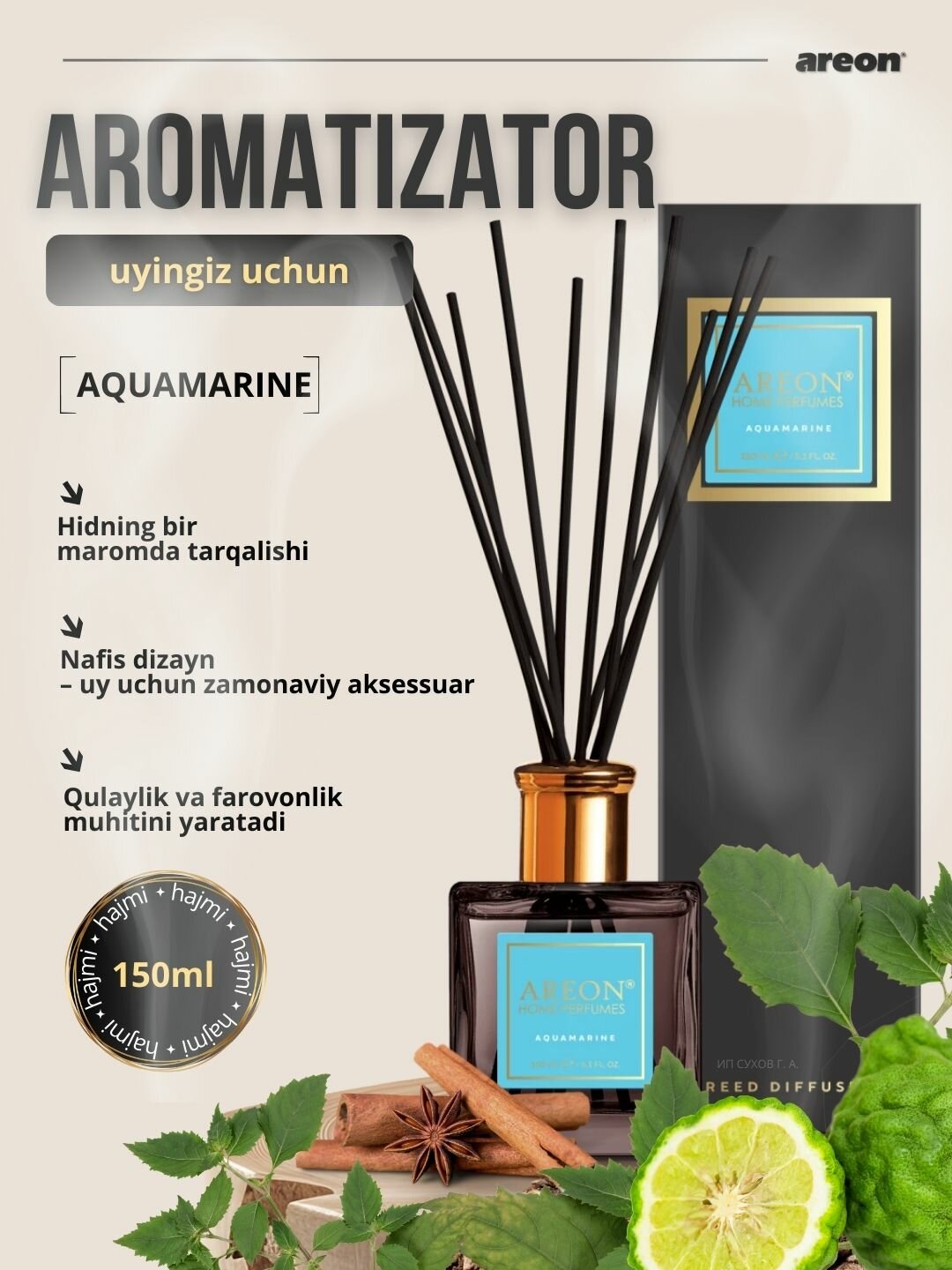 Ароматизатор Areon Premium Aquamarine, для дома и офиса, 150 мл — фото 1