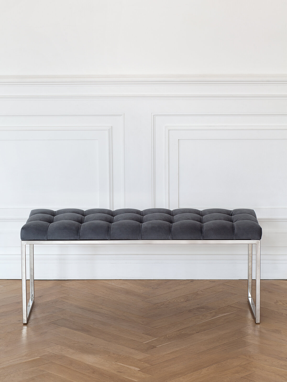 Банкетка для прихожей GREENWEEN ALBA, каркас н/ж сталь, сидение шенилл цвет Mouse Grey, каретная стяжка, 1100х400х450