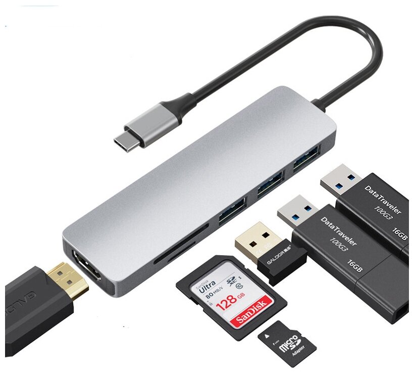Хаб USB-концентратор 6-в-1 (HDTV+TF/SD+3xUSB3.0) Multifunctional Type-C Gray