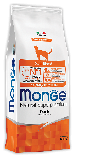 Monge / Сухой корм Monge Monoprotein Sterilised монобелковый для стерилизованных кошек, с уткой, 1.5кг. - фотография № 1