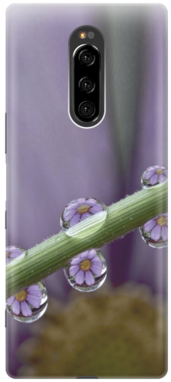 Силиконовый чехол на Sony Xperia 1, XZ4, Сони Иксперия 1 с эффектом блеска "Сиреневые цветы в каплях"