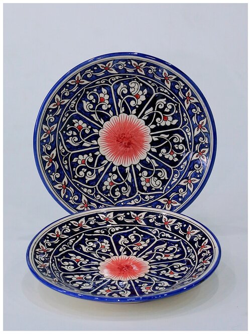 Набор тарелок (2 шт) 26 см, с ручной росписью / Тарелка / Узбекская посуда (модель Т26-2РК442)