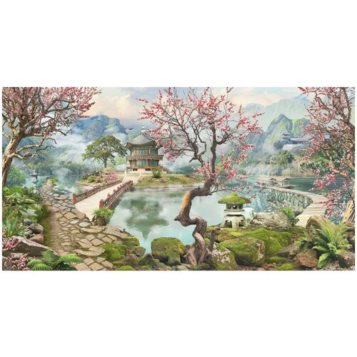 Фотообои Уютная стена Японский сад с прудом и сакурой 520х270 см Виниловые Бесшовные (единым полотном)