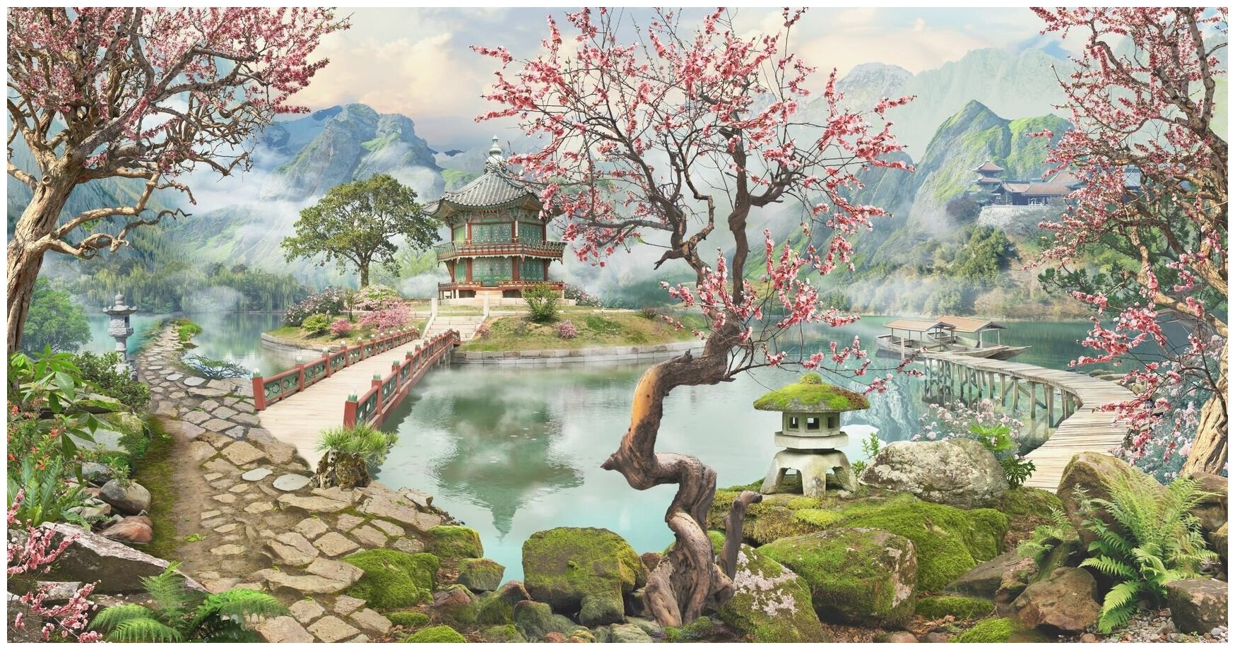 Фотообои Уютная стена "Японский сад с прудом и сакурой" 520х270 см Бесшовные Премиум (единым полотном)