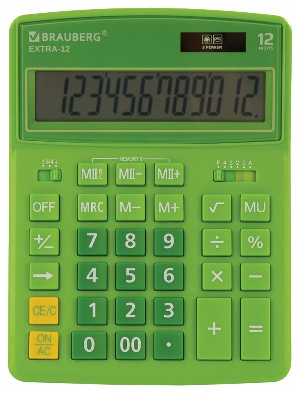 Калькулятор настольный BRAUBERG EXTRA-12-DG (206x155мм), 12 разрядов, дв. питание, зеленый, 250483