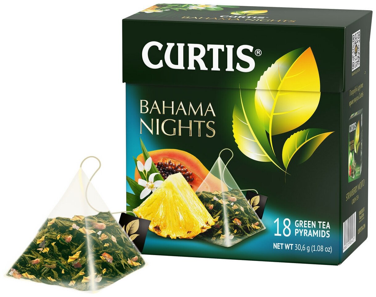 Чай зеленый в пирамидках CURTIS "Bahama Nights" 18 пирамидок, с кусочками спелого ананаса и ароматом экзотических фруктов, фруктовый ароматизированный - фотография № 2