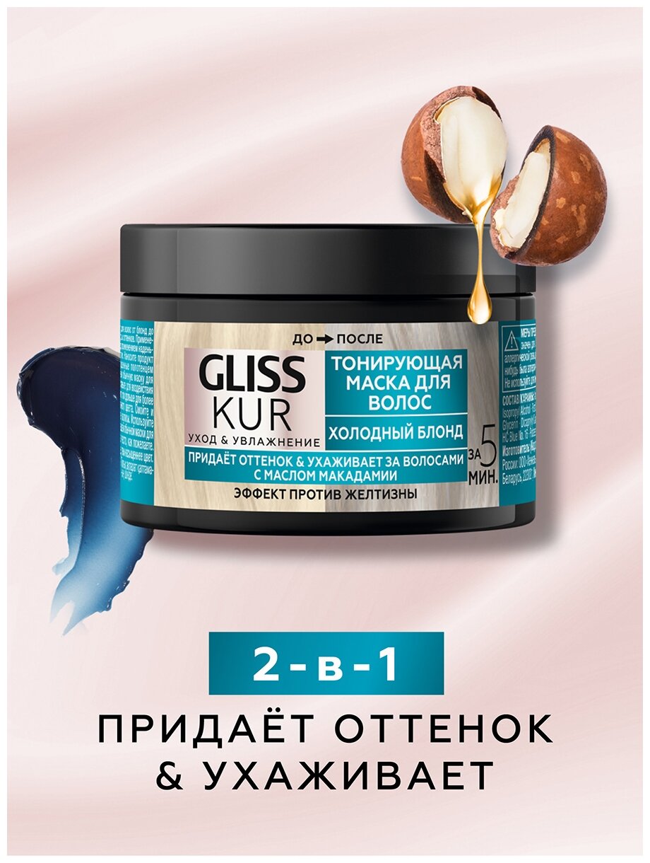 Маска тонирующая для волос 2-в-1 Gliss Kur Холодный блонд ухаживает за волосами с маслом макадами против желтизны, 150 мл - фото №7