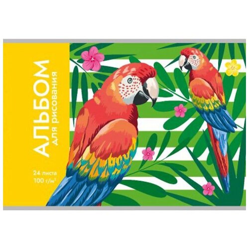 Альбом для рисования А4 24л,скрепка, яркие попугайчики 24-9649