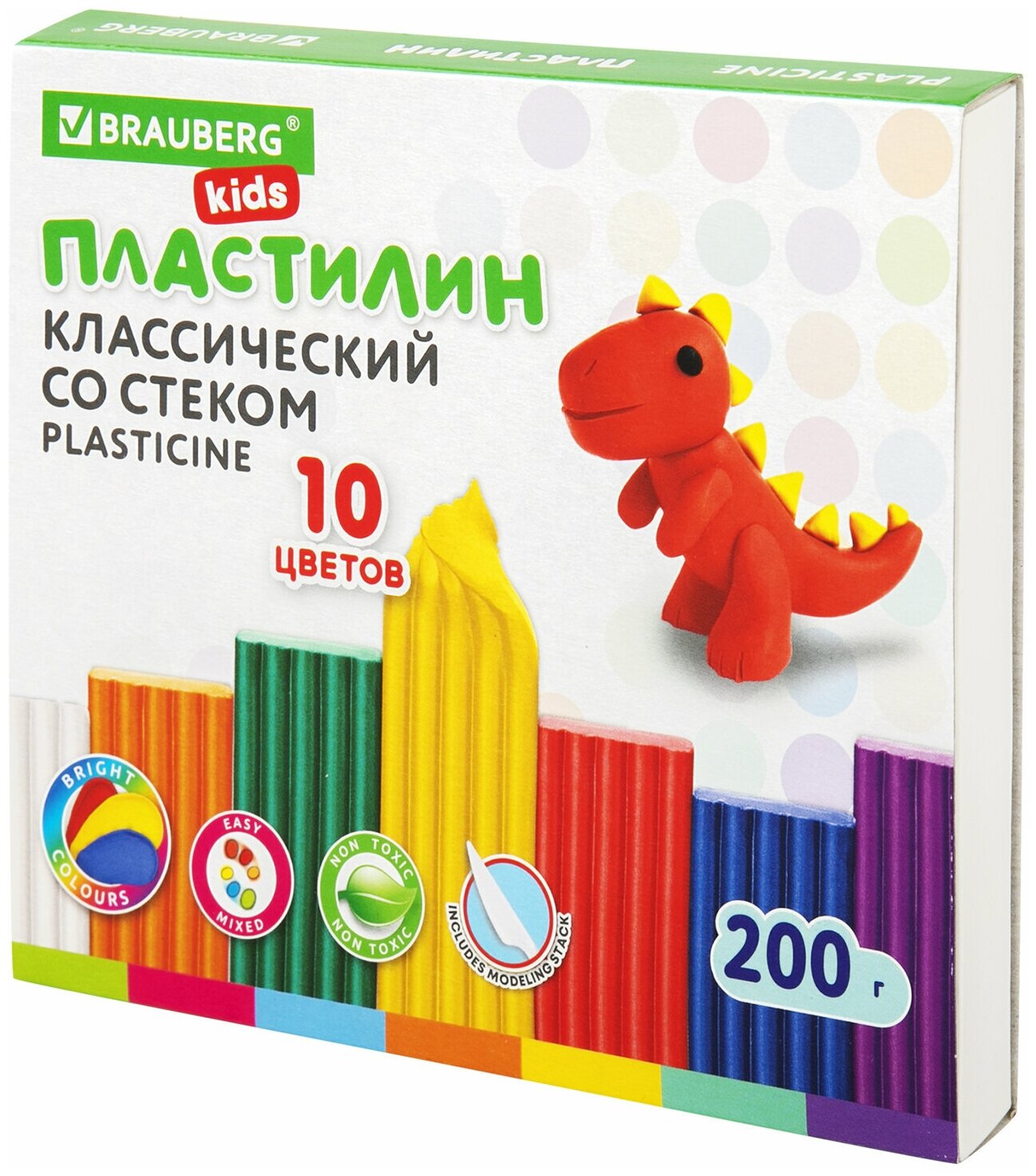 Пластилин классический Brauberg Kids, 10 цветов, 200 г, со стеком