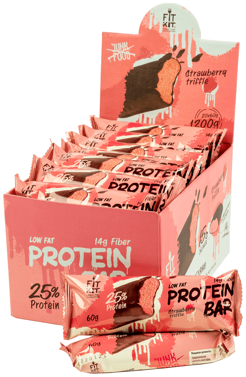 Fit Kit Протеиновый батончик без сахара Protein BAR, упаковка 20шт по 60г (Клубничный трайфл)