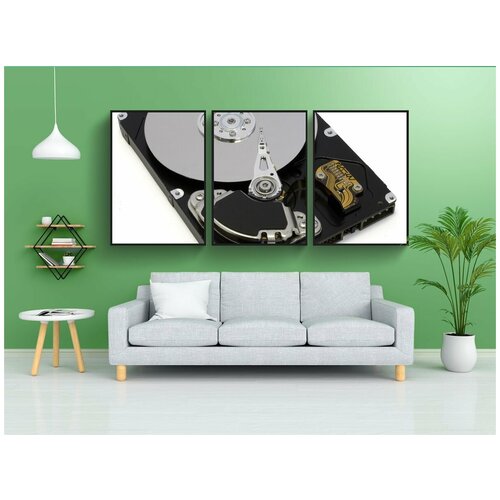 фото Модульный постер "открытый жесткий диск, видимая пластина и считывающая головка, пишу" 180x90 см. из 3х частей в тубусе, без рамки lotsprints