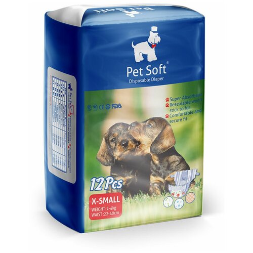 Подгузник для собак PET SOFT DIAPER , 3 цвета, размер XS (вес 2-4кг, талия 22-40см ) 12шт (124)