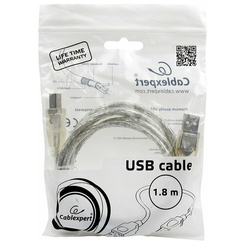 фото Кабель usb 2.0 pro cablexpert ccf-usb2-ambm-tr-6, am/bm, 1,8м, экран, феррит.кольцо, прозрачный, пакет