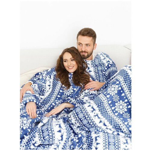 фото Плед для двоих, с 4 рукавами, плед-халат, плед для влюбленных, плед новогодний, плюшевый, цвет бело-синий, 290*180 см shine