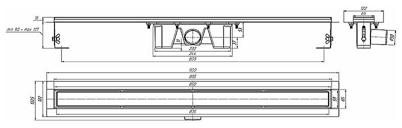 Душевой трап лоток АНИ пласт TLZ2065, стальной, решетка МОЛ 650х62 мм. под плитку, комбинированный затвор - фотография № 3