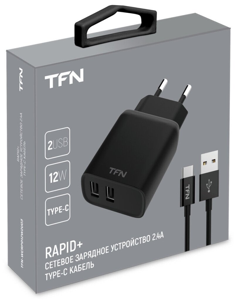 Зарядное устройство сетевое TFN 2.4A+TypeC black - фото №3