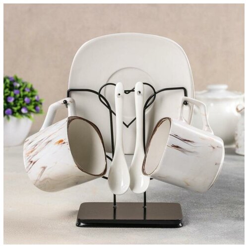 фото Набор чайный на металл подставке 6 пред "мрамор"" 2 чашки 200 мл. 2 блюдца 14.7 см. 2 ложки 517903 сима-ленд