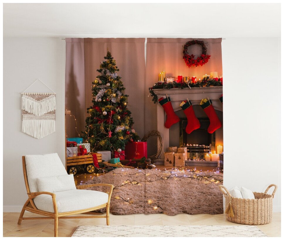 Фотошторы "Новогодний камин" 145х26м комплект 2шт шторы для спальни гостиной кухни в подарок на новый год