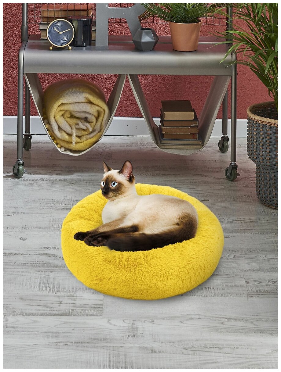 Пушистая лежанка d50 см +-5 см для средних домашних животных цвет желтый артикул PNL60, yellow182 - фотография № 1