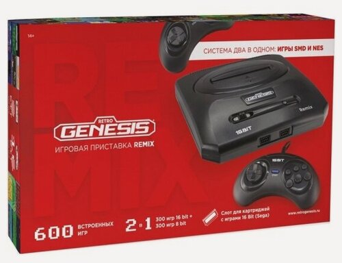 Изображение товара Игровая приставка Retro Genesis Remix (8+16Bit) + 600 игр (AV кабель, 2 проводных джойстика)