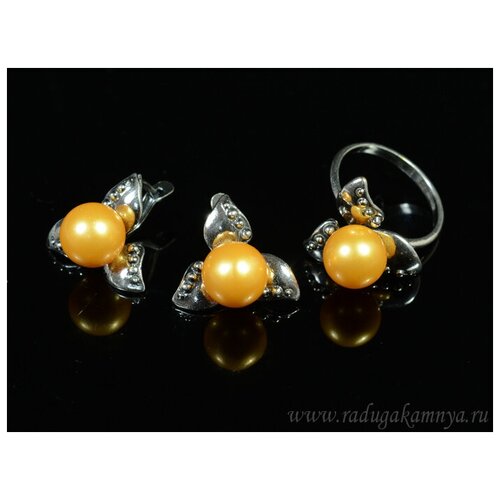 Комплект бижутерии: кольцо, серьги, жемчуг имитация, размер кольца 18, белый, черный серьги оранжевый
