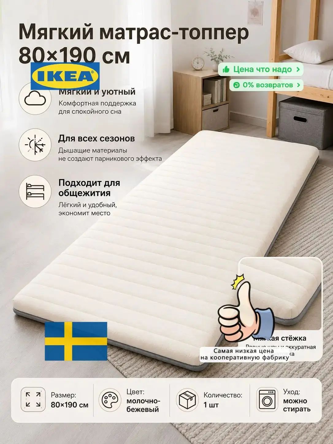 IKEA Матрас, Беспружинный, 80х190 см
