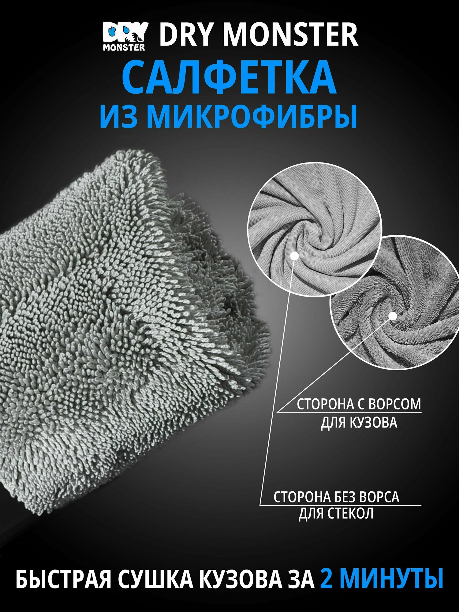 Полотенце для сушки авто из микрофибры. Тряпка для полировки авто, уборки. Салфетка DRY MONSTER TOWEL 50*60 — фото 1