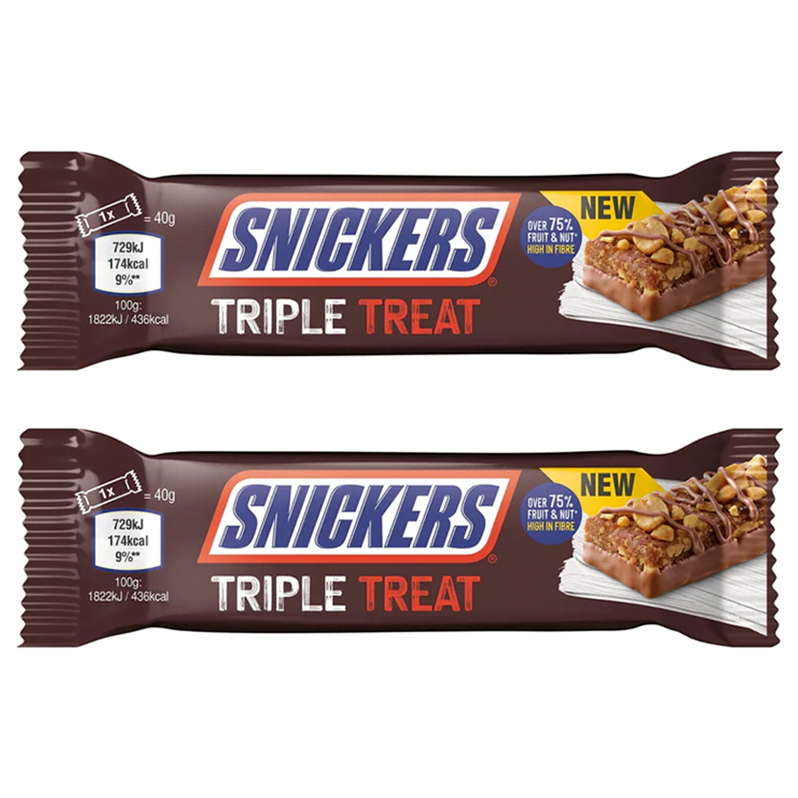 Шоколадный батончик Snickers Triple Treat Fruit & Nut с фруктами и орехами 2 шт. по 40 г Германия - фотография № 1