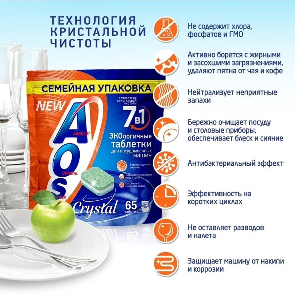 Таблетки для посудомоечной машины AOS All in 1 Crystal таблетки — фото 3