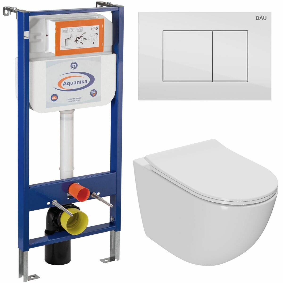 фото Комплект BAU 6 в 1: инсталляция BAU Aquanika, унитаз безободковый Bau Dream PRO-2, сиденье микролифт, прямоугольная белая клавиша