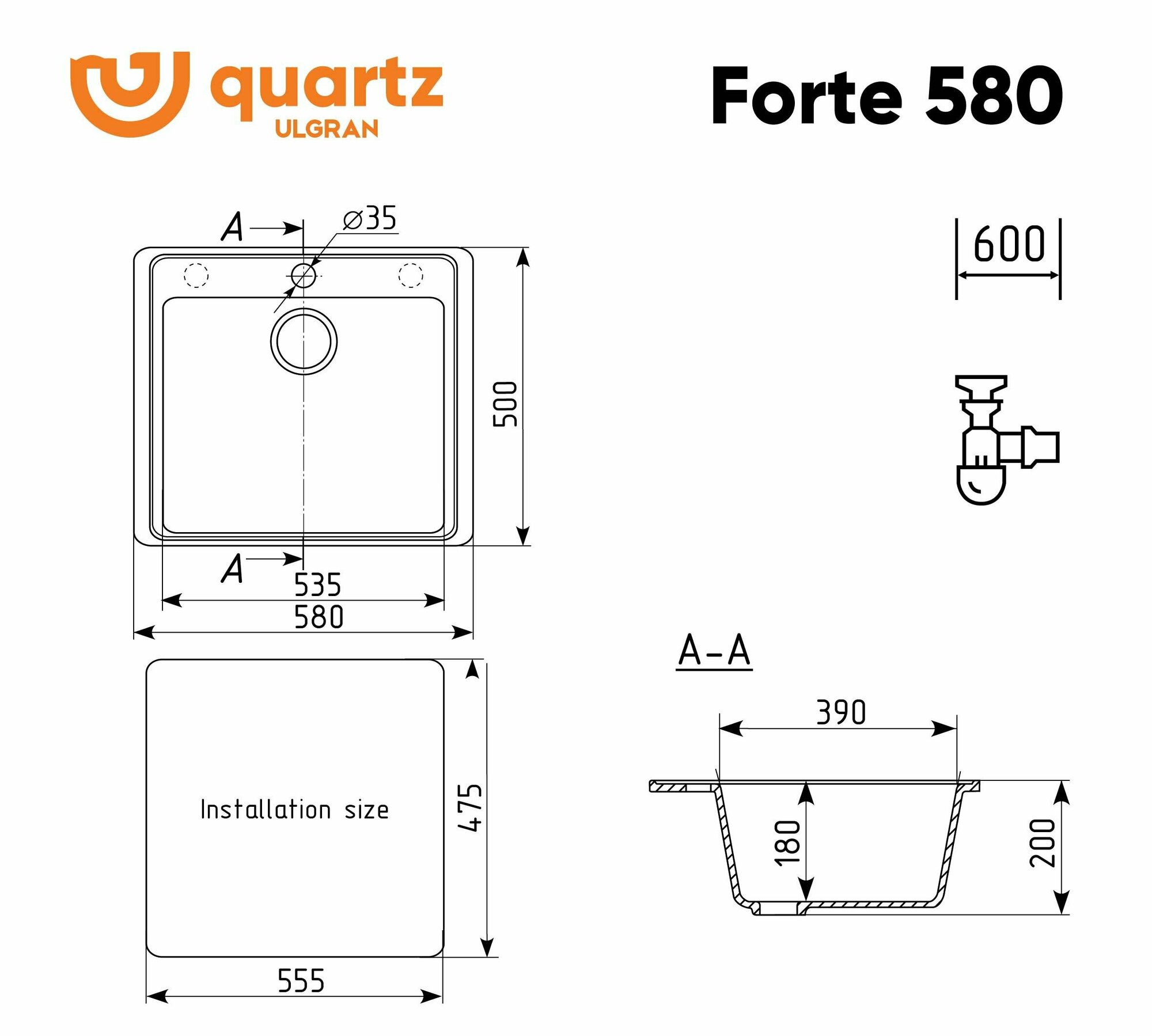 Мойка ULGRAN Quartz Forte 580-09 Асфальт - фотография № 6