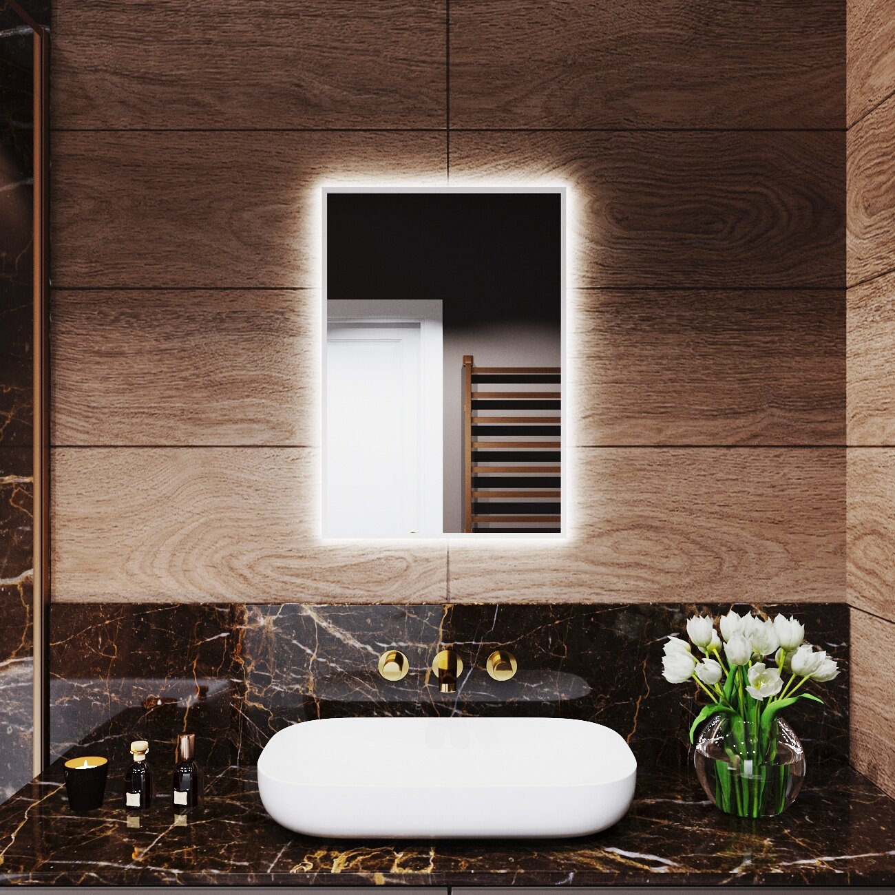 Зеркало с подсветкой в алюминиевой раме настенное Market-house 60х40 см. Свет: Нейтральный белый 6000К. Белое