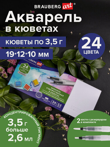 Изображение товара Акварель художественная / краски акварельные для рисования в кюветах Набор 24 цвета по 3,5 г, пластиковый кейс, Brauberg Art Classic, 191770
