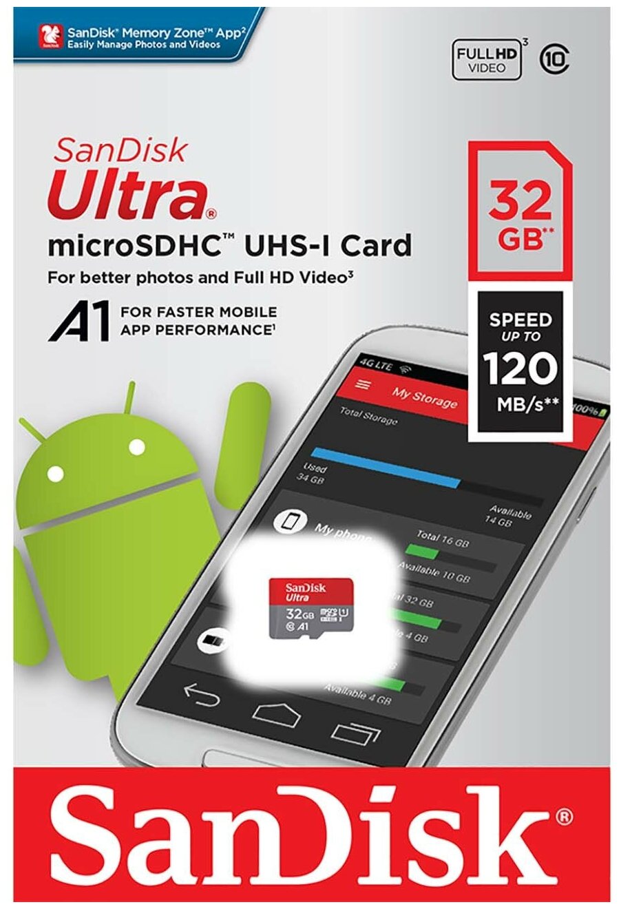 Карта памяти Sandisk micro SDHC 32Gb Ultra Class 10 UHS-I A1 (120/10 MB/s)