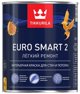 <b>Краска</b> акриловая <b>Tikkurila</b> Euro Smart 2 для стен и потолков, база A, 0.9л Euro Smart 2 Легкий ремонт