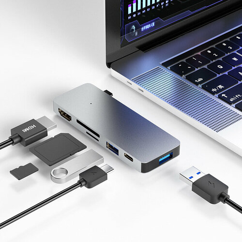 Хаб USB-концентратор (адаптер, переходник) Aluminum Type-C 6 в 1 (Gray) для MacBook концентратор usb type c hyperdrive hd34a8 2 х usb 3 1 hdmi usb type c microsd sd белый