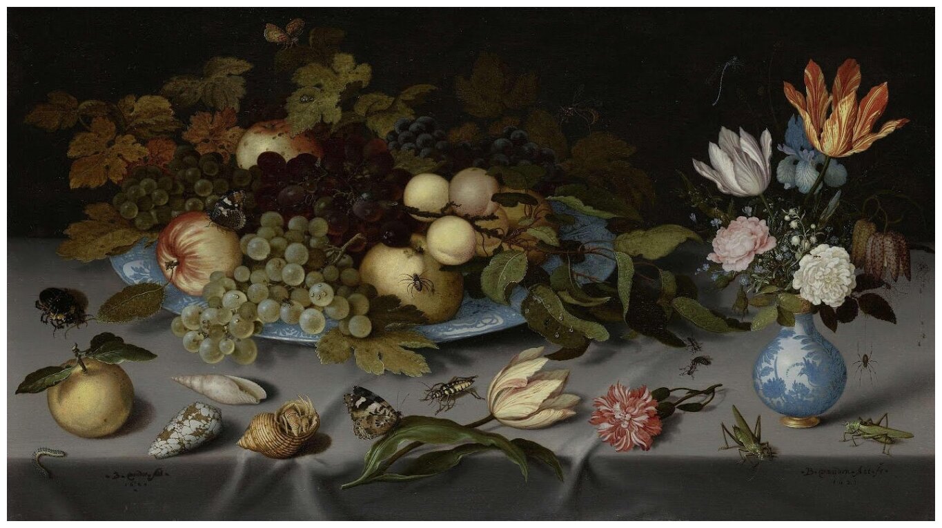 Репродукция на холсте Натюрморт с фруктами и цветами №3 Бальтазар Ван дер Аст 54см. x 30см.