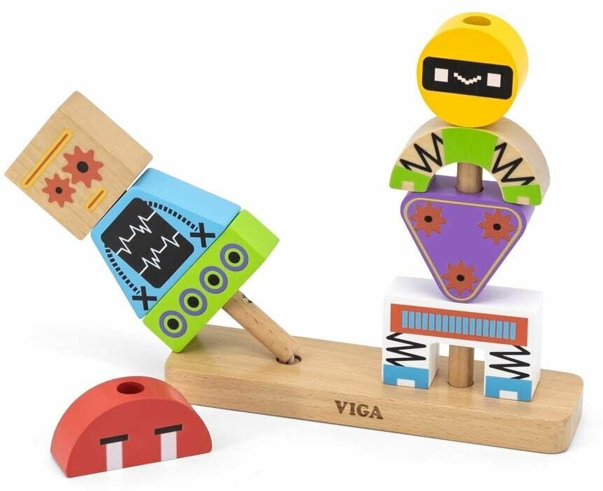 Блочный 3D-пазл Viga Toys Пирамидка Роботы 8 деталей и 10 двусторонних карточек с вариантами сборки, 44652 - фотография № 9