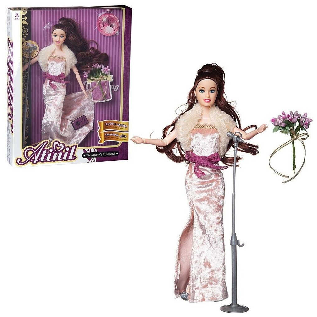 Кукла Junfa Atinil (Атинил) Виновница торжества (в длинном, бархатном платье) в наборе со стойкой с микрофоном и букетом 28см WJ-21570