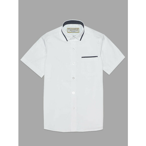 фото Школьная рубашка tsarevich, прямой силуэт, на пуговицах, короткий рукав, однотонная, размер 146-152, белый