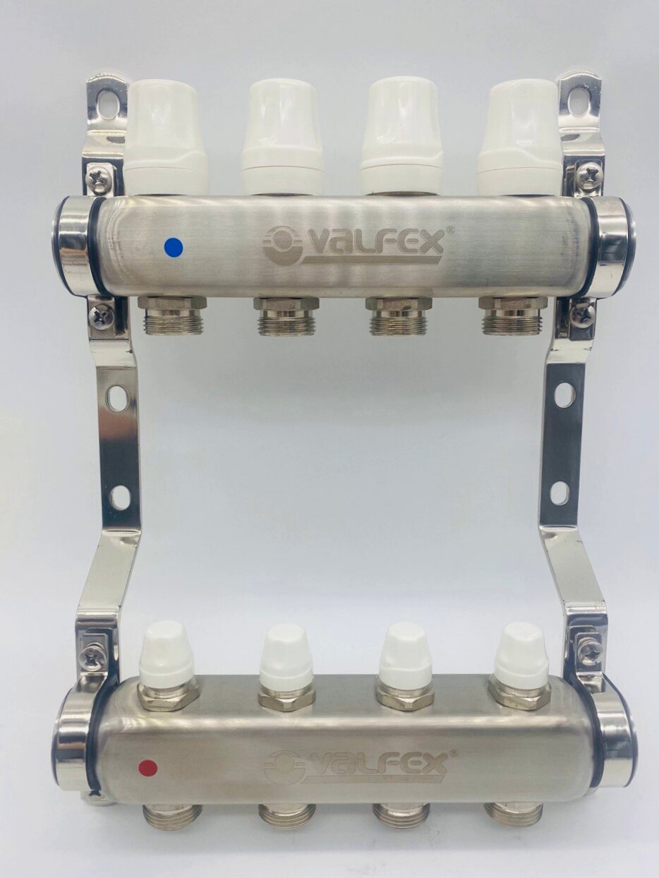 Коллекторный блок из нержавеющей стали 1" с регулирующими и балансировочными клапанами / 4 выхода Valfex арт. VF.582.0604