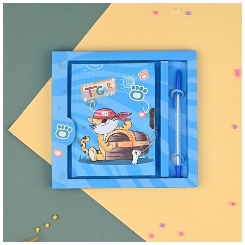 фото Детский канцелярский подарочный набор для девочки и мальчика тигр: блокнот а6 50 листов и ручка, голубой basir