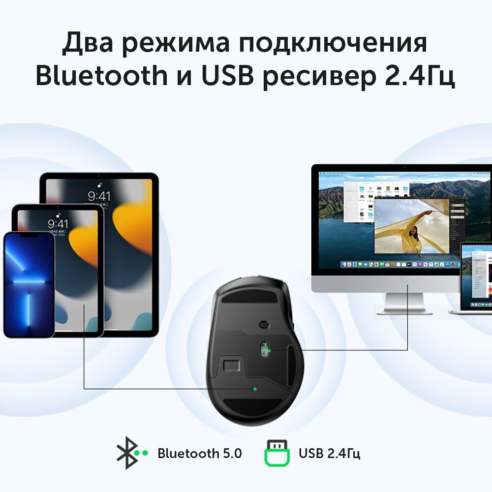 Беспроводная компьютерная мышь UGREEN MU006 (90855) Ergonomic Wireless Mouse 2.4 GHz&BT 5.0 4000DPI Silence Design. Цвет: черный