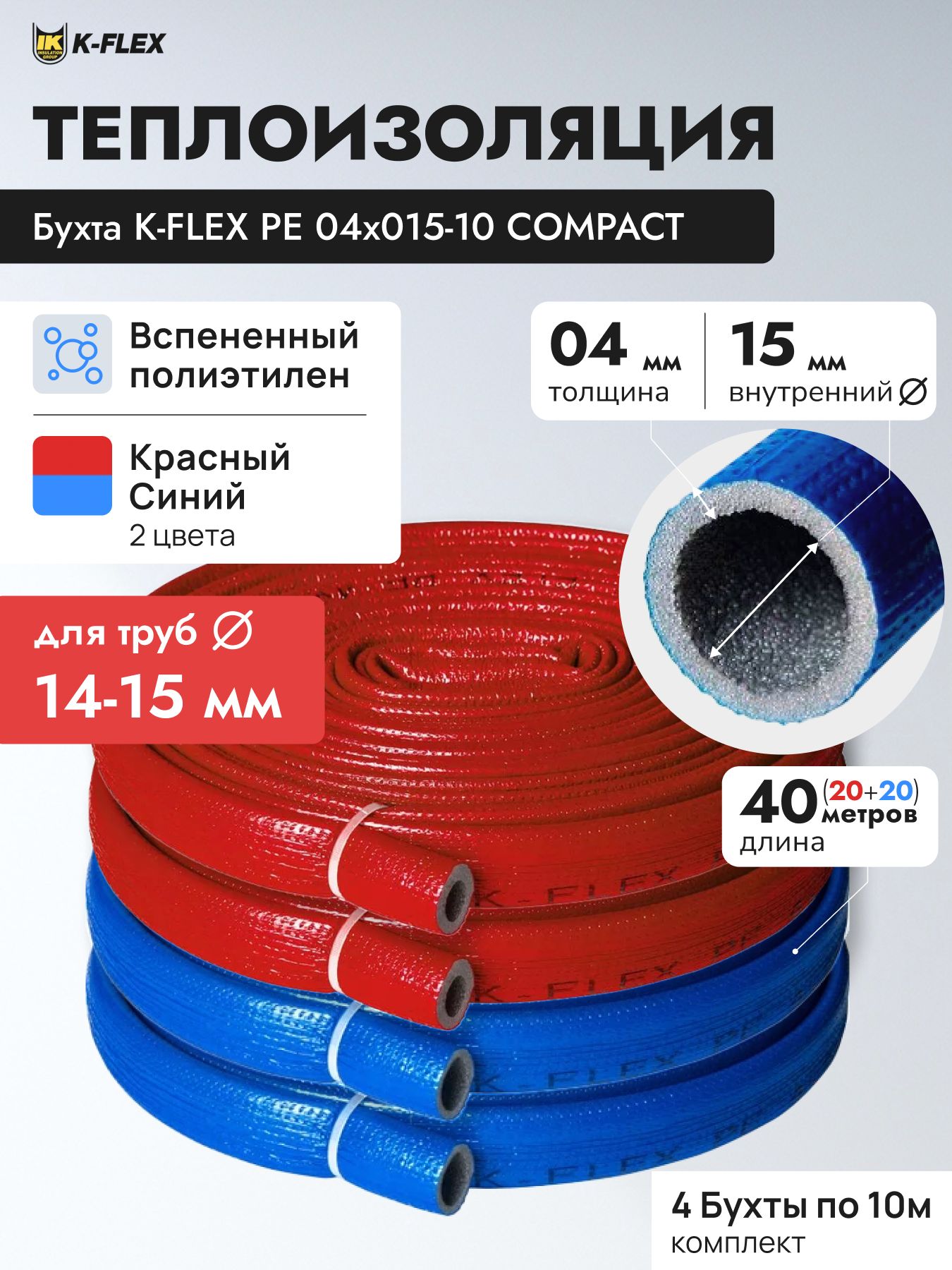 Теплоизоляция для труб диаметром 14-15 мм K-FLEX PE 04x015-10 COMPACT RED BLUE утеплитель трубный 15/4 мм в красной и синей оболочке, диаметр 15 мм, толщина 4 мм, 4