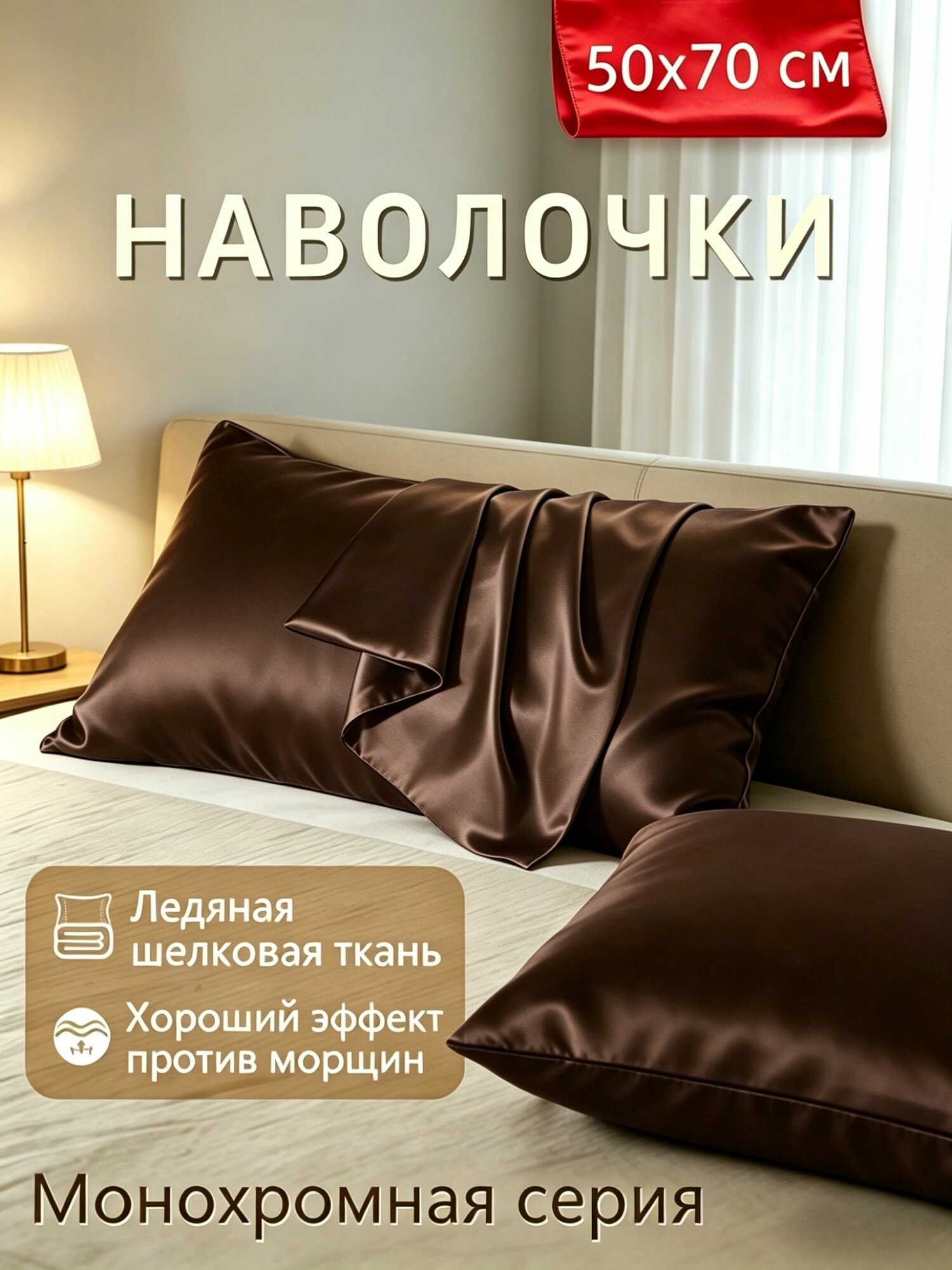 Наволочка 50x70 см 2 шт полиэстер, темно-коричневый