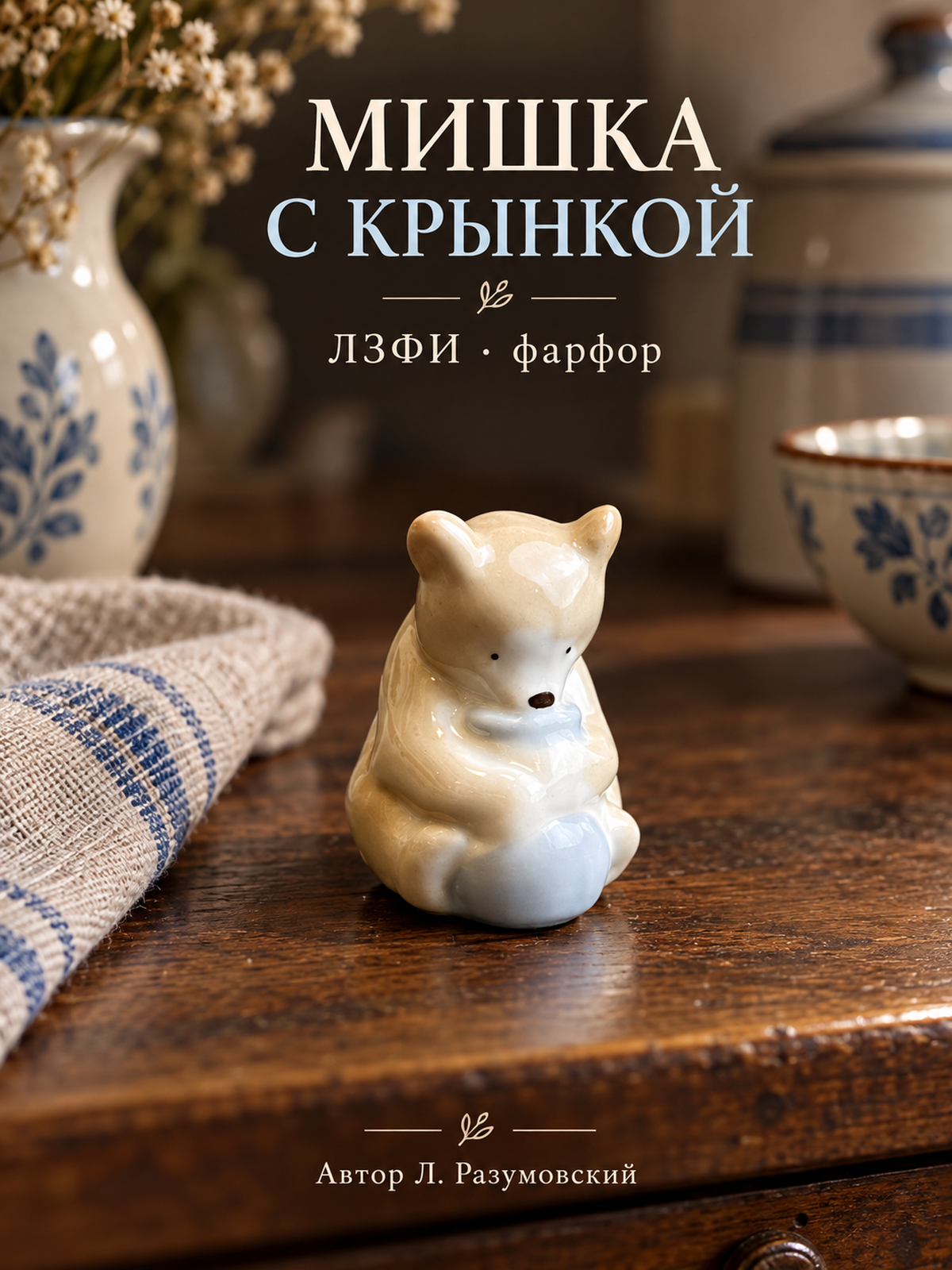 Статуэтка "Мишка с крынкой", автор Л. Разумовский, фарфор, роспись, Ленинградский завод фарфоровых изделий (лзфи), СССР, 1950-1980 гг.