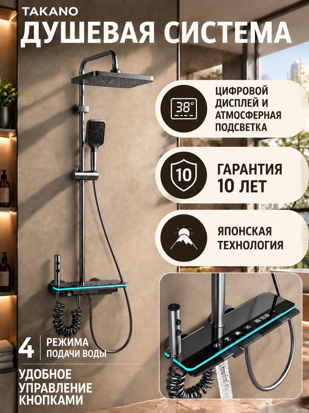 Душевая система TAKANO из нержавеющей стали SUS 304 с дисплеем и термостатом, Тропический душ 4 режима, Смеситель "Водопад" с гигиенической лейкой, Серый (Сатин)