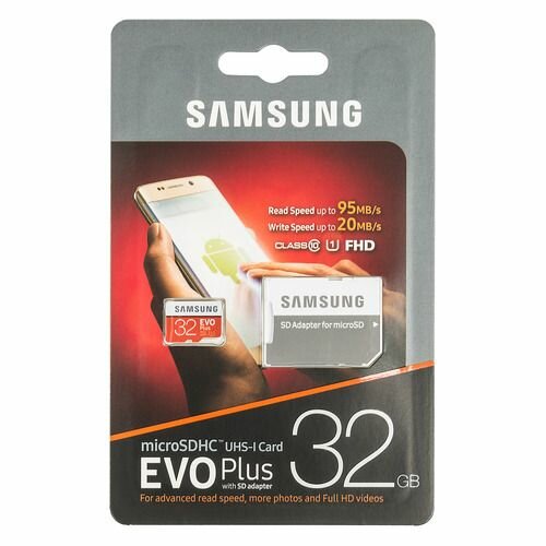 Карта памяти microSDHC UHS-I Samsung EVO PLUS 32 ГБ, 95 МБ/с, Class 10, MB-MC32GA/RU, 1 шт, переходник SD