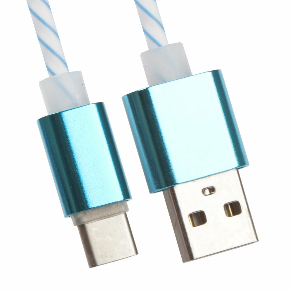 фото USB кабель LP USB Type-C витая пара с металлическими разъемами 1 м, белый с голубым, европакет