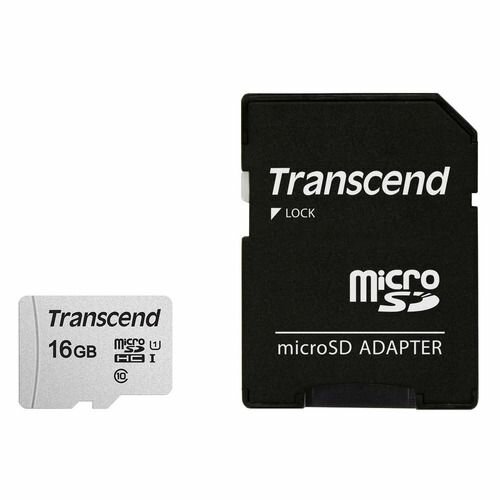 Карта памяти microSDHC UHS-I U1 Transcend 16 ГБ, 95 МБ/с, Class 10, TS16GUSD300S-A, 1 шт, переходник SD
